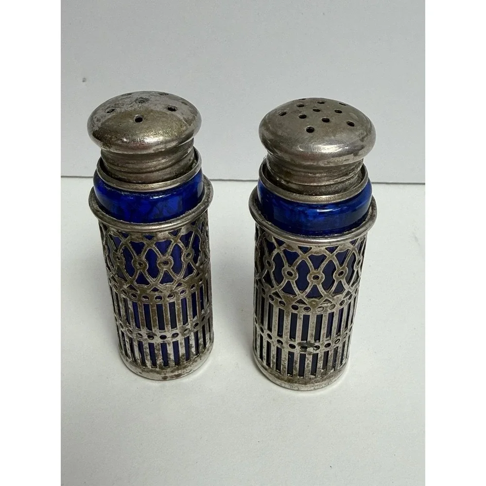 Cobalt Blue Glass Silver Plate Salt Pepper Shakers Two Sets,‎ Vintage